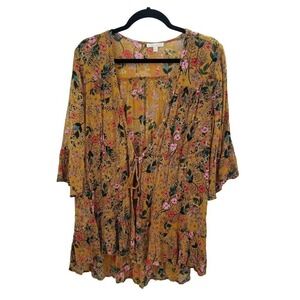 I The Wild Floral Cardigan Womens Medium Mustard Yellow Boho Peasant Tie Front